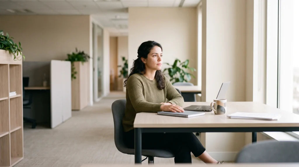 Mulher sentada à mesa de trabalho em um escritório claro, com o olhar distante da tela do computador.