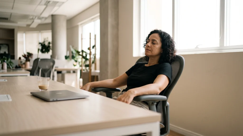 Mulher recostada na cadeira de escritório, de olhos fechados, afastada da mesa de trabalho.