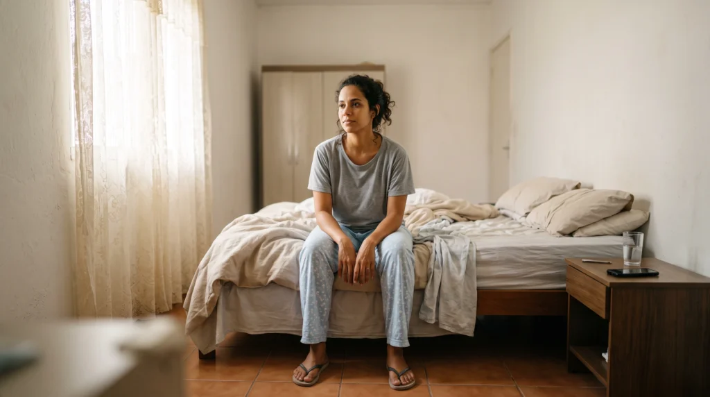Mulher sentada na cama pela manhã, com o olhar distante, em um quarto com luz suave.