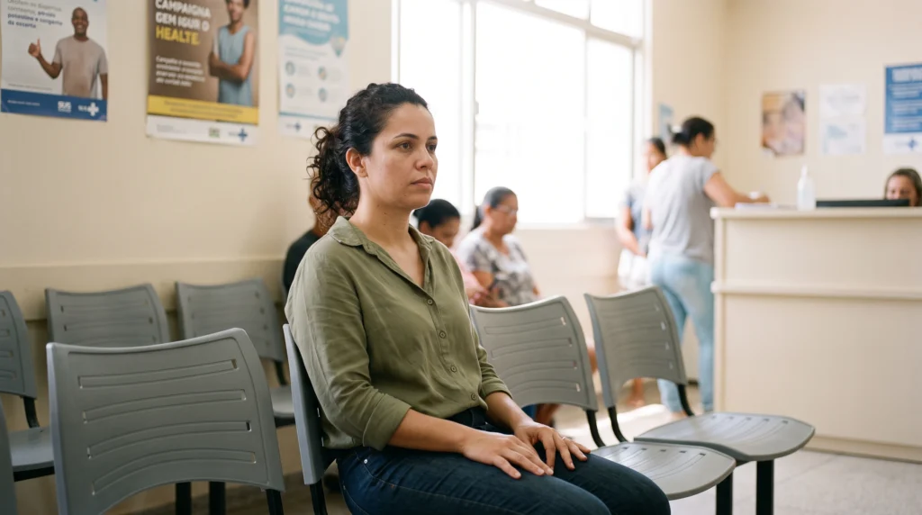 Mulher sentada na sala de espera de um posto de saúde, aguardando atendimento.